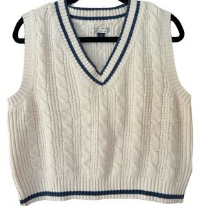 American Eagle Outfitters Cream and Blue V-Neck Sweater Vest